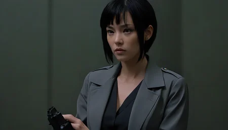 Motoko Kusanagi in Blade Runner 1982, neo noir, cyberpunk, cinema still medium shot 8k, wearing school uniform