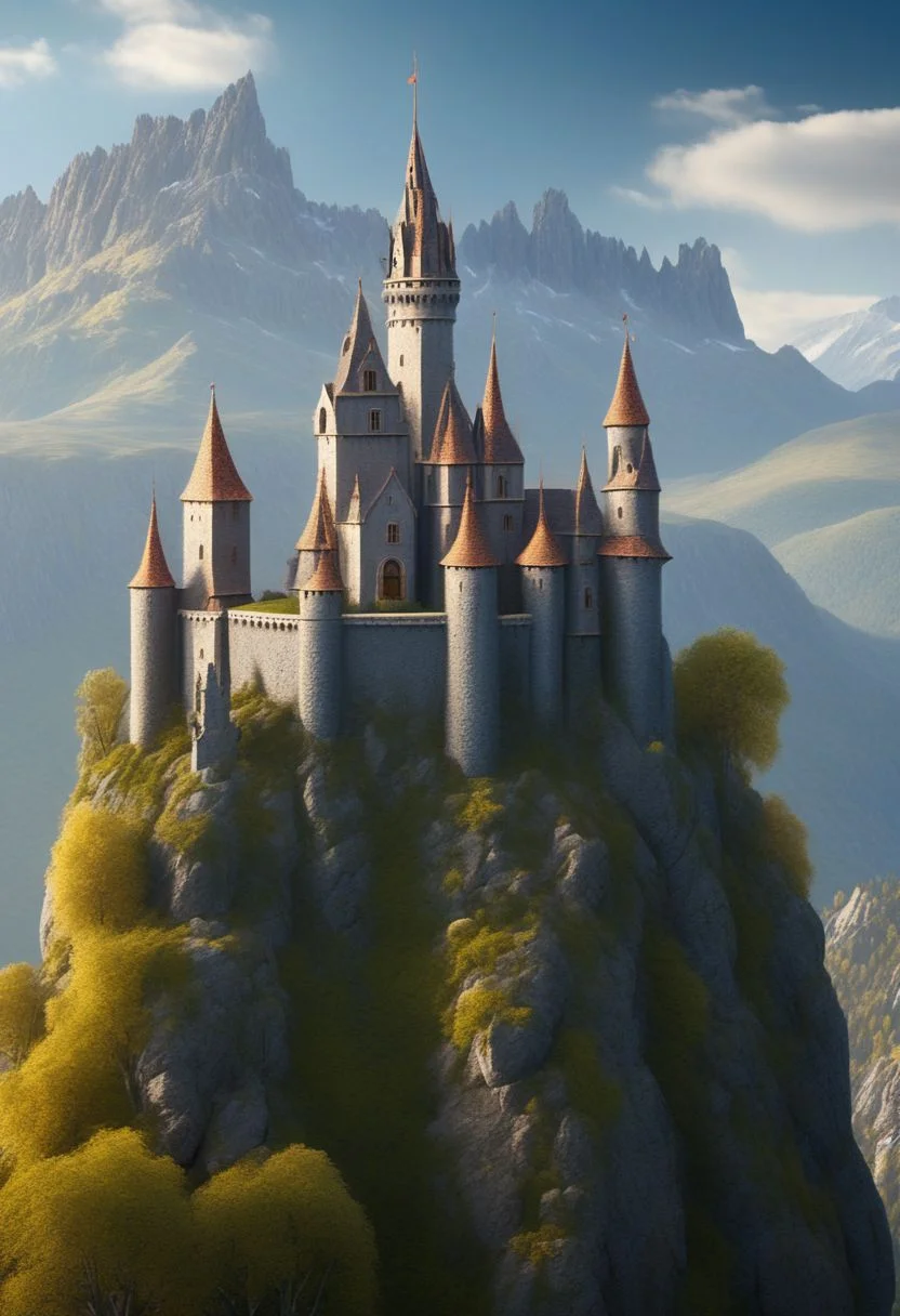 fairy tale castle on a (rock spire), mountain in background, best quality, masterpiece, illustration, realistic, photo-realistic, amazing, finely detail, incredibly absurdres, huge filesize, ultra-detailed, highres, extremely detailed CG unity 8k wallpaper