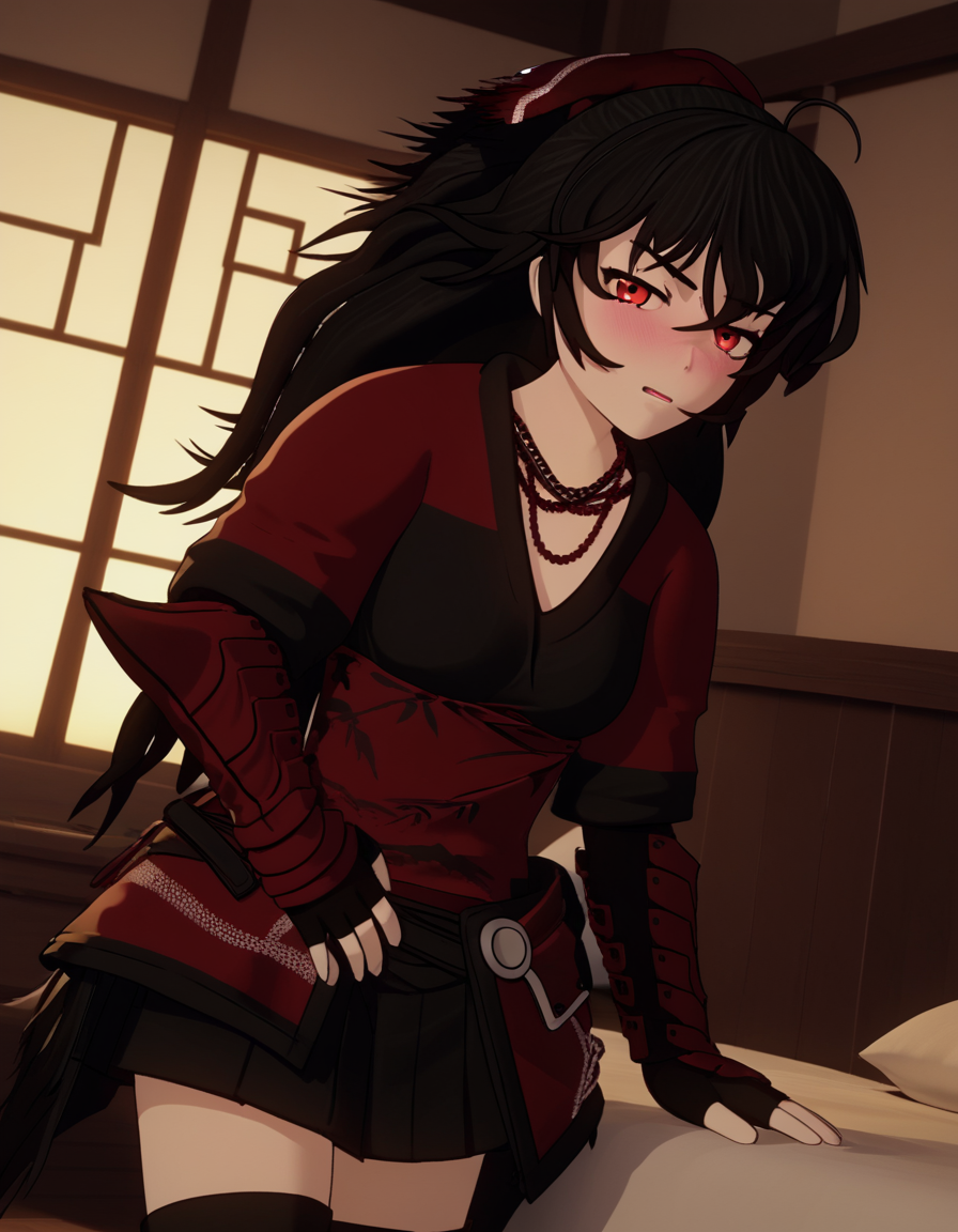 score_9, score_8_up, score_7_up, source_anime, <lora:raven-branwen-ponyxl-lora-nochekaiser:1>, raven branwen, long hair, black hair, ponytail, hair ribbon, ribbon, red eyes, ahoge,, thighhighs, japanese clothes, black thighhighs, fingerless gloves, armor, necklace, skirt, black skirt,, indoors, bed, bed room, on side, blush, drunk, looking at viewer, solo, cowboy shot, dutch angle