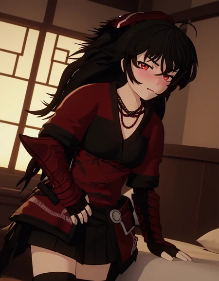 score_9, score_8_up, score_7_up, source_anime, <lora:raven-branwen-ponyxl-lora-nochekaiser:1>, raven branwen, long hair, black hair, ponytail, hair ribbon, ribbon, red eyes, ahoge,, thighhighs, japanese clothes, black thighhighs, fingerless gloves, armor, necklace, skirt, black skirt,, indoors, bed, bed room, on side, blush, drunk, looking at viewer, solo, cowboy shot, dutch angle