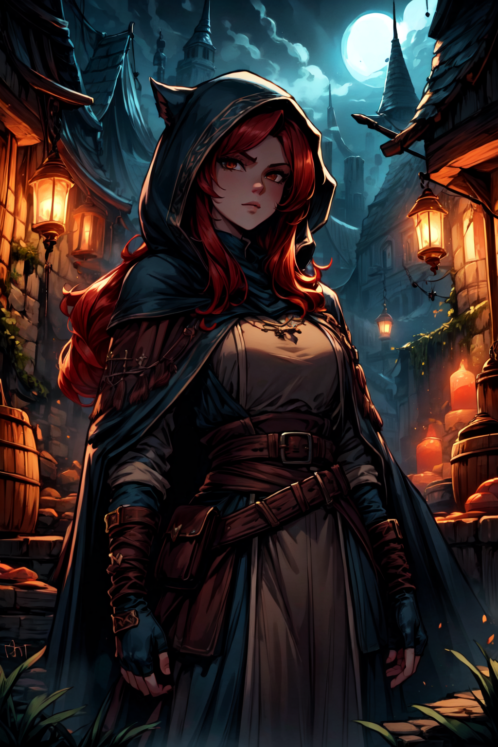 <lora:FantasySettlement:1> fanse, fantasy medieval town, stree, daylight, radiant,  <lora:Fantasy_Classes_SD:1> fantasy class, rogue, dark cloak, hood, sneaky, dextrous, daggers, thief, mysterious, fingerless gloves, looking at viewer, seductive, best quality, masterpiece, <lora:more_details:0.7>, 1girl, solo, bright red hair, long hair, brown eyes
