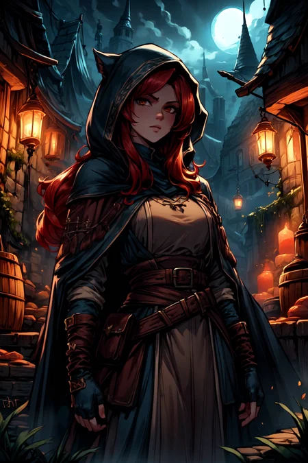 <lora:FantasySettlement:1> fanse, fantasy medieval town, stree, daylight, radiant, <lora:Fantasy_Classes_SD:1> fantasy class, rogue, dark cloak, hood, sneaky, dextrous, daggers, thief, mysterious, fingerless gloves, looking at viewer, seductive, best quality, masterpiece, <lora:more_details:0.7>, 1girl, solo, bright red hair, long hair, brown eyes