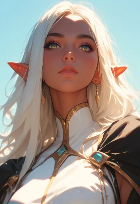 score_9, score_8_up, score_7_up, score_6_up, score_5_up, style portrait of an anime dark elf with black skin and long white hair with elf ears and gold eyes earing a hood up