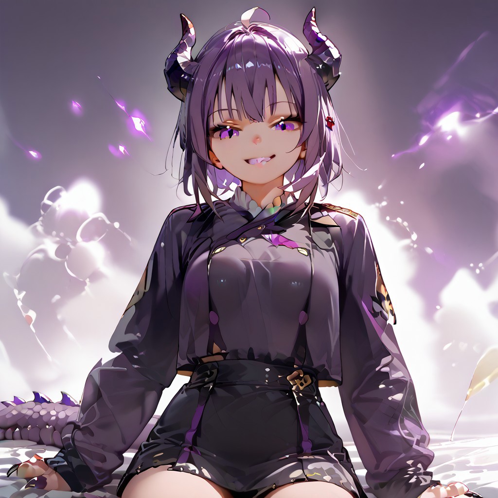 score_9_up, score_8_up, score_7_up, best quality, high quality, masterpiece, extremely detailed character, detailed eyes, beautiful face, source anime, 
<lora:nekomata_okayu_sdxl_pony:1>
okayu, ahoge, shiny purple hair, slender, 
1girl, sitting, soft smile, Obsidra, dragon girl, purple hair, purple scales, claws,