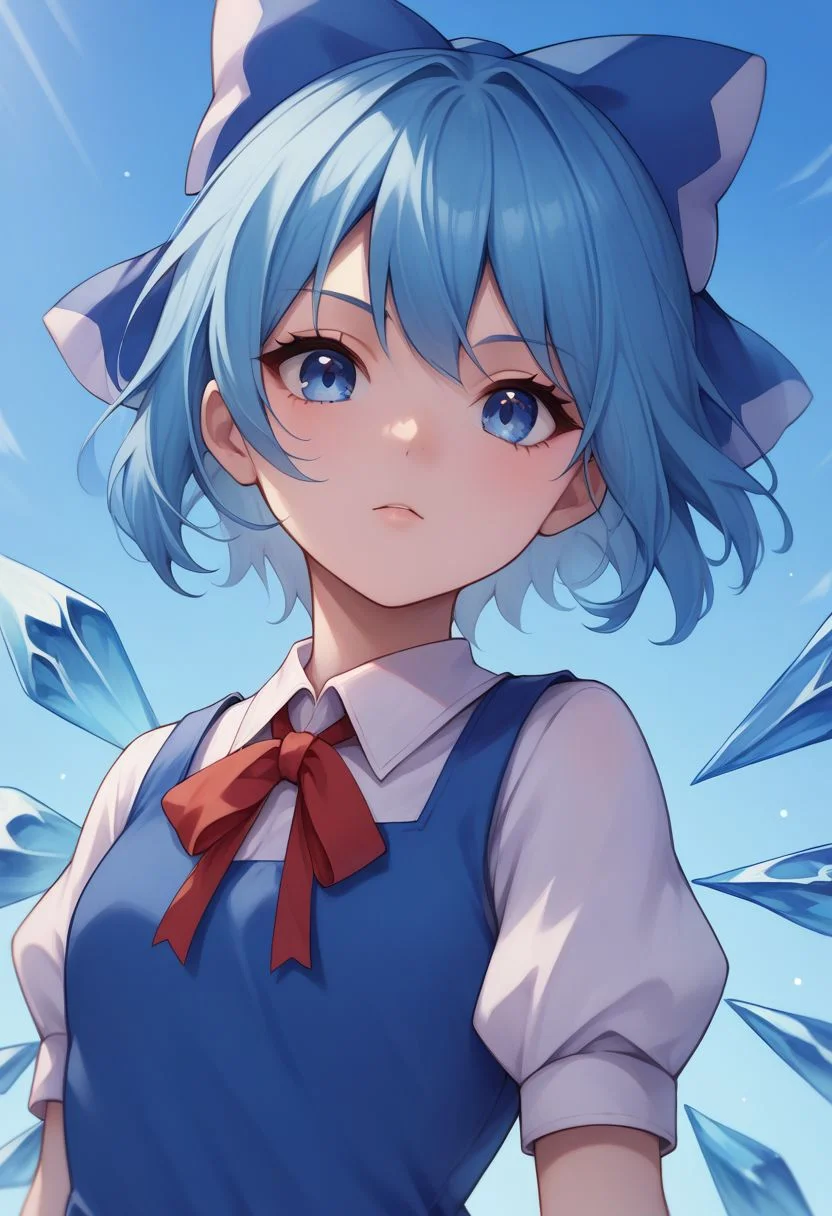 score_9, score_8_up, source_anime, highly detailed, 
cirno, 1girl, solo, wings, blue eyes, dress, bow, ice wings, blue hair, ice, blue dress, short sleeves, blue bow, short hair, hair bow, puffy sleeves, red ribbon, upper body,
outdoor,