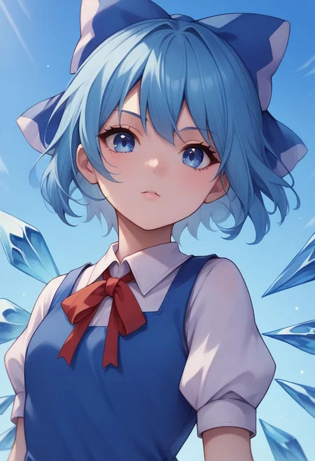 score_9, score_8_up, source_anime, highly detailed, 
cirno, 1girl, solo, wings, blue eyes, dress, bow, ice wings, blue hair, ice, blue dress, short sleeves, blue bow, short hair, hair bow, puffy sleeves, red ribbon, upper body,
outdoor,