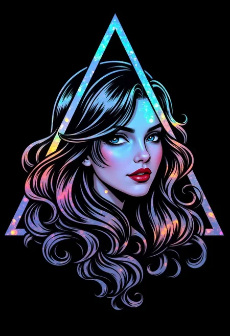 vibrant reflective holographic drawing in the style of ckhg, logo, an oriental woman's face, dark eyeshadow, red lips, flowing hair, bordered by a triangle, dark background