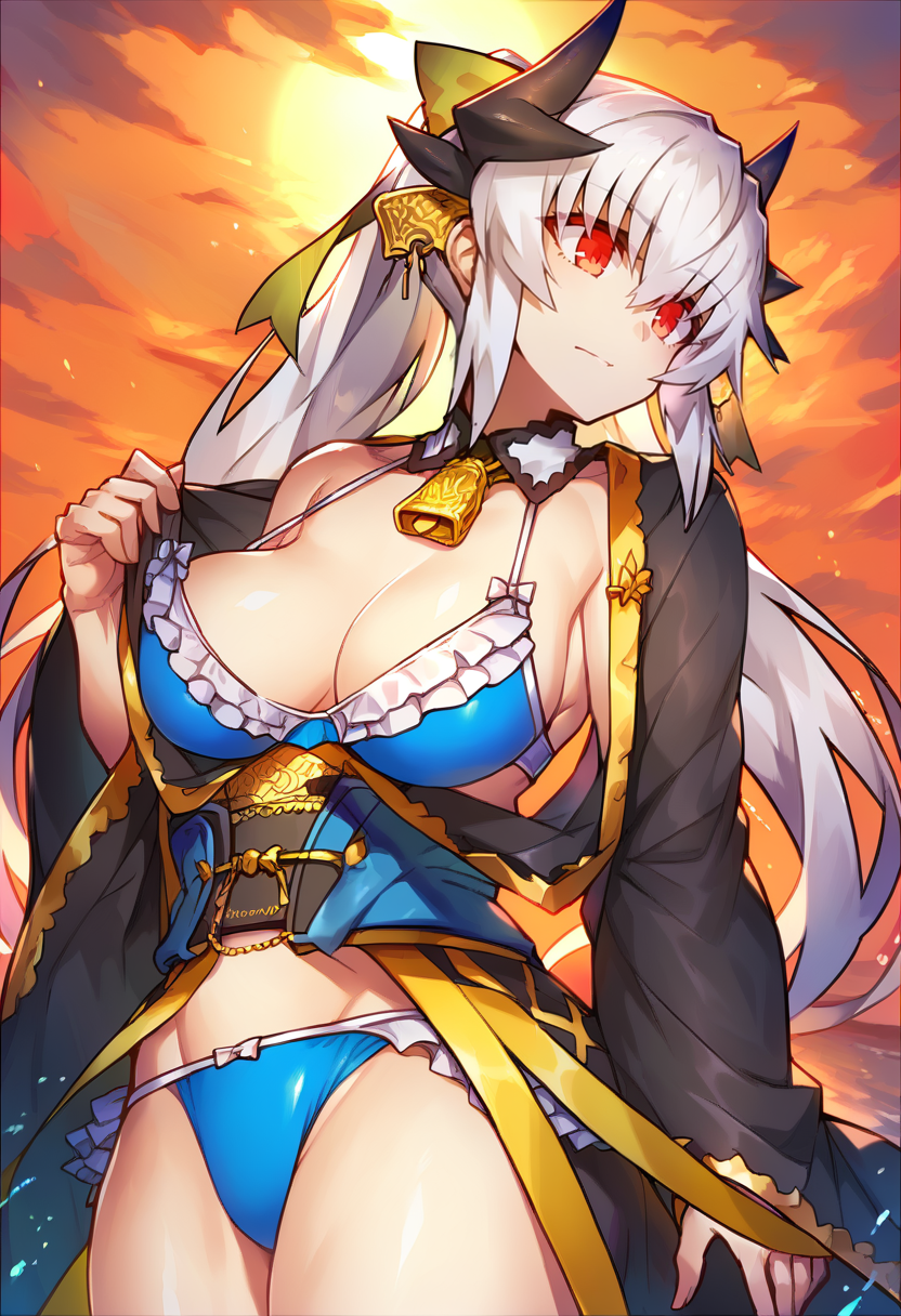 score_9, score_8_up, score_7_up, source_anime BREAK 1girl,  <lora:spfateKiyohimeXLPony:1> kiyola3st, white hair, horns, yellow bow, blue bikini, cleavage, frills, frilled bikini, japanese clothes, black kimono, standing, cow-boy shot,<lora:Melon22-Style-PonyXL-000054:1>
