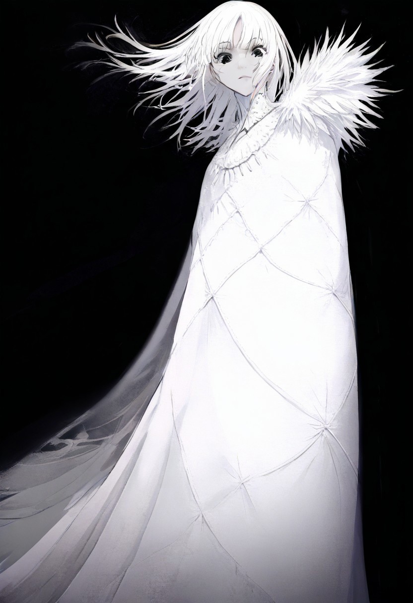solo, looking at viewer, black eyes, black background, 1woman, long ringlet white hair, extremely pale skin, serious, all white gown (pure white), masterpiece, best quality, very aesthetic, absurdres
 <lora:monfornoob:0.95>