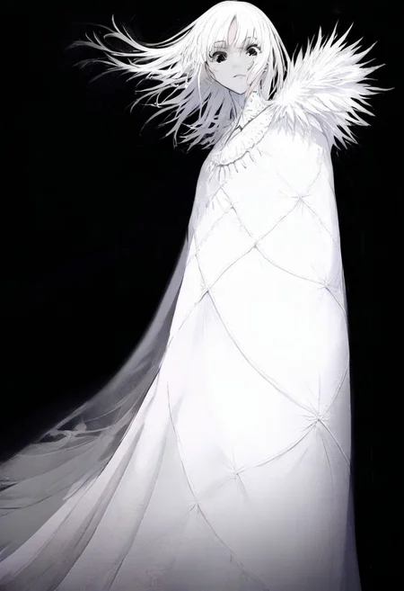 solo, looking at viewer, black eyes, black background, 1woman, long ringlet white hair, extremely pale skin, serious, all white gown (pure white), masterpiece, best quality, very aesthetic, absurdres
 <lora:monfornoob:0.95>