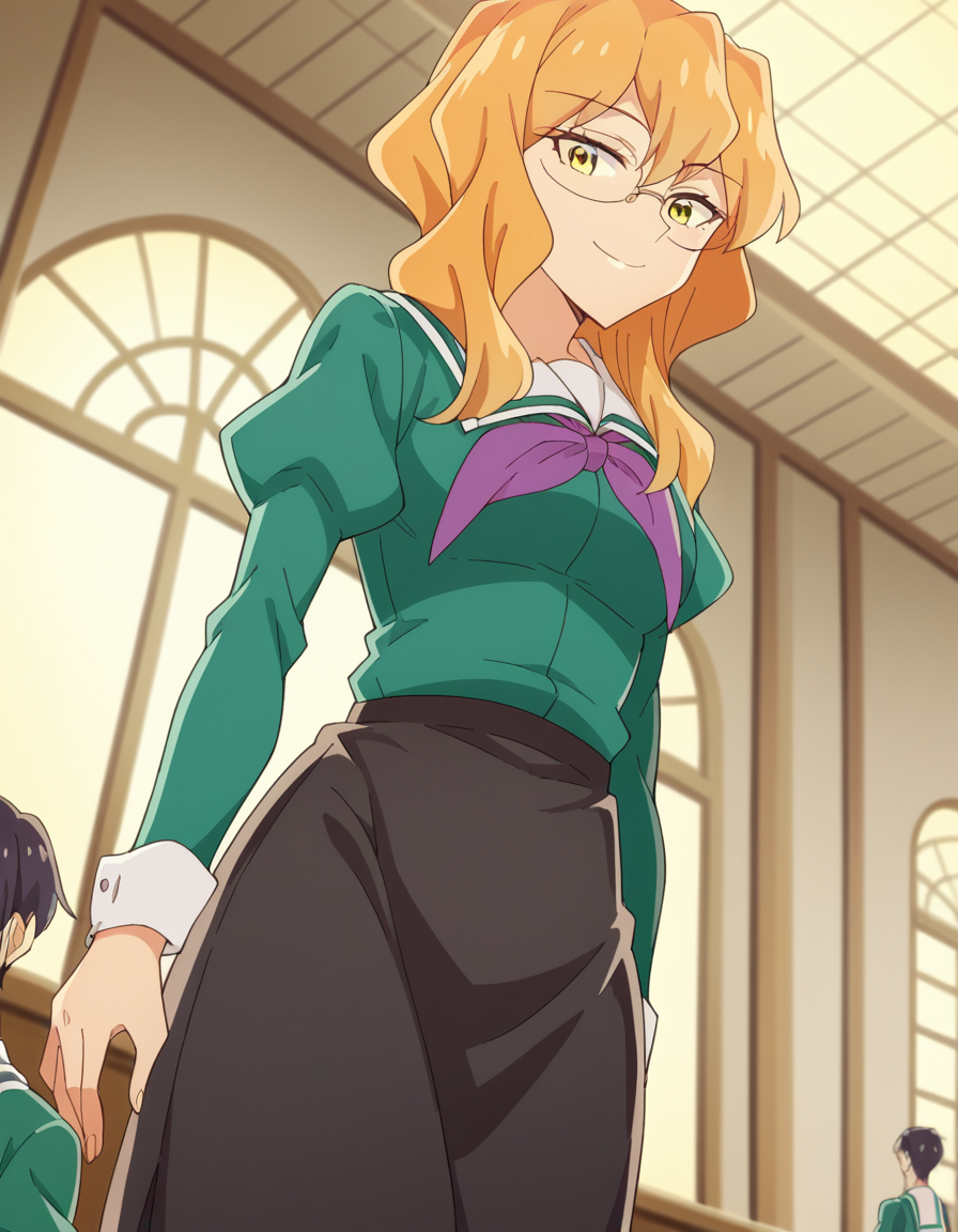 score_9, score_8_up, score_7_up, source_anime, <lora:sumika-chibana-s1-ponyxl-lora-nochekaiser:1>, sumika chibana, long hair, blonde hair, yellow eyes, glasses,, skirt, long sleeves, school uniform, puffy sleeves, serafuku, purple neckerchief, green shirt, black skirt, long skirt,, Buildings, architecture, man made, urban, interior, smile, from below, looking at viewer, solo,, dutch angle, cowboy shot
