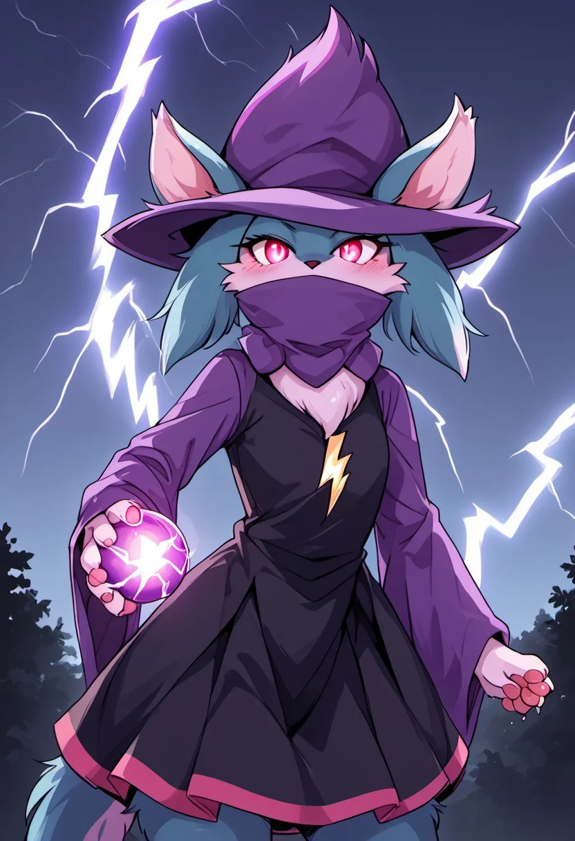 realistic, (semi-realistic style) (Vignette ),(Night:1.3),(dramatic photo :1.3), (Ripple effect :1.3),(moving effect:1.3), (Fluff textures :1.3),(Dark color palette:1.3), (Low key lighting:1.3), (character partially obscured:1.3), (Dutch angle:1.3), Subject separation, depth of field(Distant shot)(Landscape view:1.3)(Katress from palworld furry female, blue fur, red eyes, nose blush, covered mouth, purple hat, purple scarf, black shirt, black skirt,(glowing purple lightning powers inside all her body:1.7)glowing purple hands,holding thunder ball, glowing purple eyes,