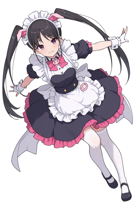 Smooth Quality,masterpiece,very intricate, high quality details, ultra realistic, high detailed skin,detailed enviorement,absurdres,
<lora:Hiiragi_Yume_Yumechi_CNR:1> hiiragi_cnr, black hair, long hair, twintails, purple eyes,fake animal ears, pig ears, hiiragi_maid_cnr,maid, maid headdress, maid apron, frilled apron, black dress, puffy short sleeves,white thighhighs, black footwear,fingerless gloves,white wrist cuffs,pink bowtie, frills,, simple background, white background, dutch angle,solo,
one arm extended forward, opposite leg extended back, parallel to floor ,, ;3,
