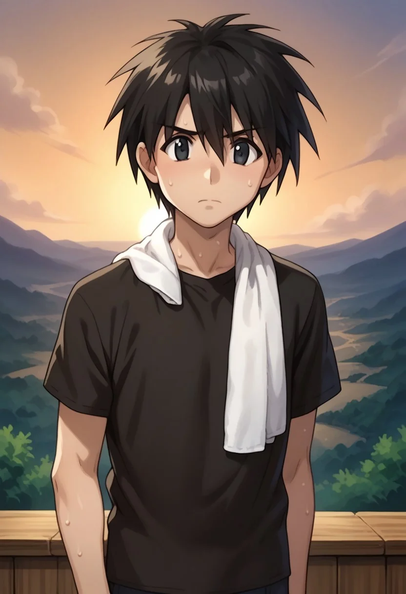 score_9, score_8_up, score_7_up, source_anime, highly detailed,
ikuto, 1boy, male focus, solo, black hair, hair between eyes, black eyes, shirt, black shirt, short sleeves, towel around neck, sweat, wiping sweat,
outdoor, island, sky, sun, parody,
