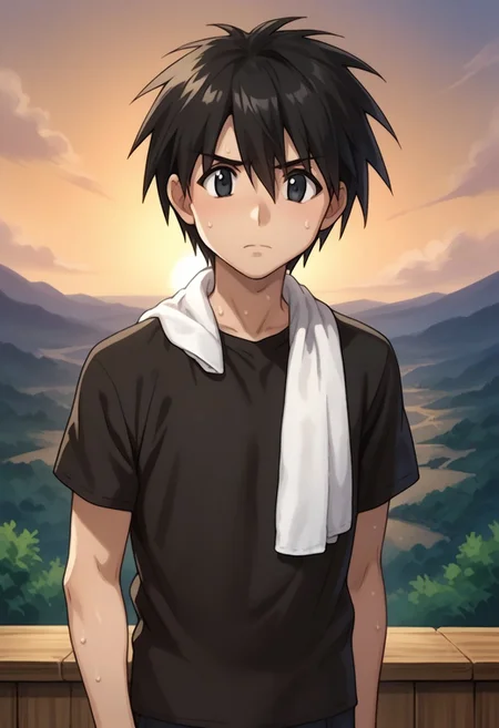 score_9, score_8_up, score_7_up, source_anime, highly detailed,
ikuto, 1boy, male focus, solo, black hair, hair between eyes, black eyes, shirt, black shirt, short sleeves, towel around neck, sweat, wiping sweat,
outdoor, island, sky, sun, parody,