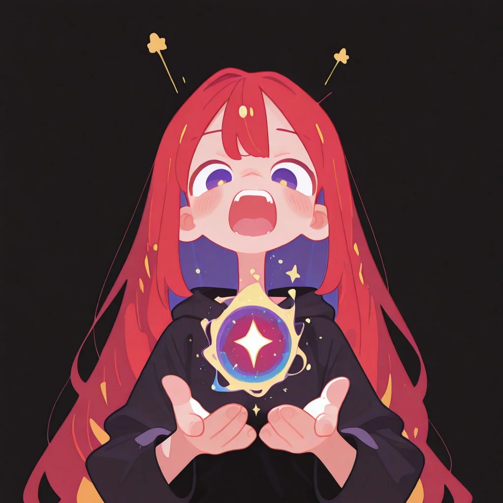 flat color, no lineart, blending, negative space,
masterpiece, best quality, amazing quality, very aesthetic, absurdres, (score_9, score_8_up, score_7_up), 8K, newest, anime coloring, 2d, black background, simple background, lineart, upper body, (foreshortening:1.5), motion lines, 1girl, solo, looking at viewer, angry face, screaming, super long hair, two color hair, red hair, screaming, emotional, magic, focus on hands, holds magic in hand, arcane, power, very aesthetic, newest, haiz_ai, no outline, Flatline, Flat vector illustration