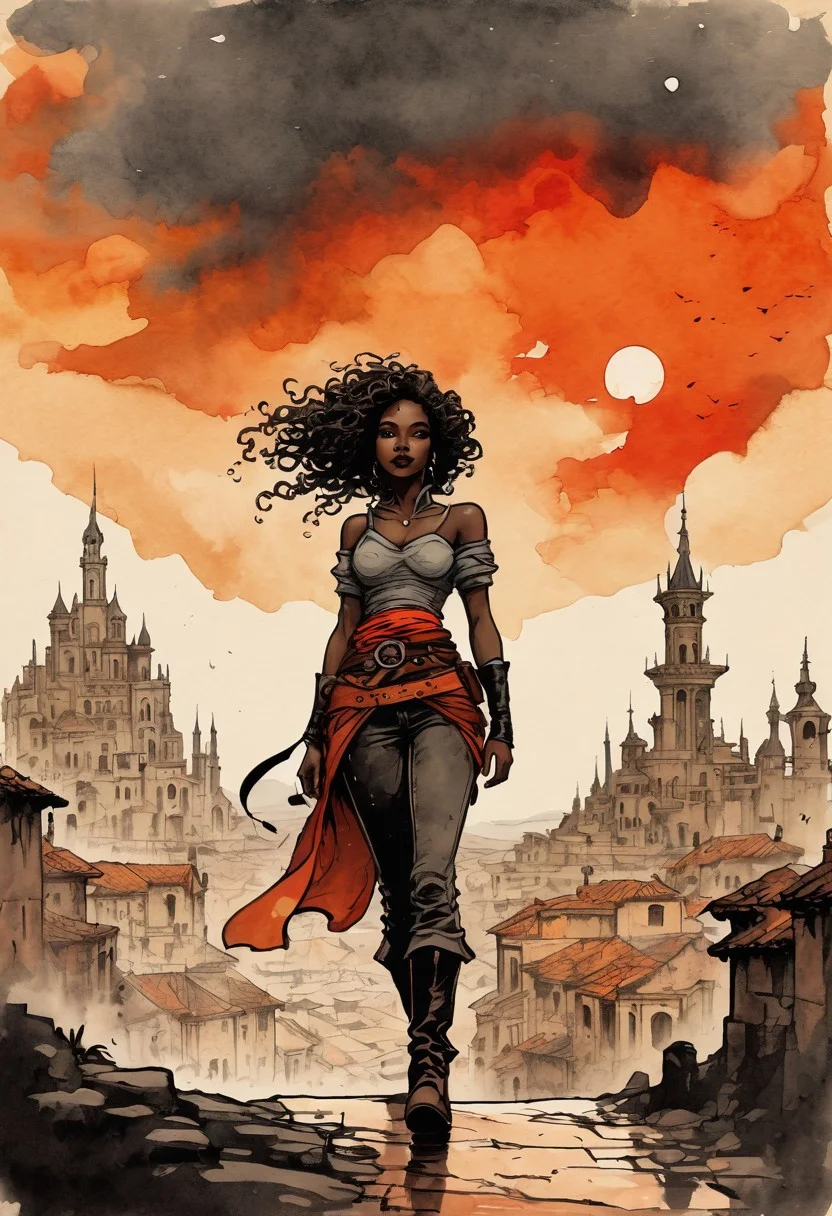 (Ink illustration on parchment). Mediterranean fantasy landscape, dirty streets, coal skies painted in vibrant shades of red and orange, endless fantasy city stretching to the horizon, a lone young woman traversing the massive medieval city, fantasy rogue outfit, next to mud brick buildings, massive fantasy buildings faded on the horizon, flickers of magical energy illuminating the bleak landscape, Ink splashes, rough ink sketch, moody, gloomy, massive palace in the far distance, high contrast, stylized, woman with boots, pants, belt, dramatic sky, long curly hair, head and shoulders, back to viewer, dark skin, huge statues and towers  in the distance, Art Nouveau Style