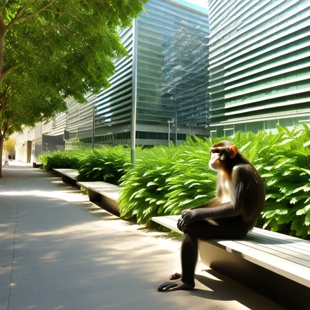 A monkey in a crisp black suit, sitting on a bench in a sunny garden at midday. The location is 22@bcn tech district, surrounded by modern buildings, lush greenery, and a professional yet relaxed atmosphere.