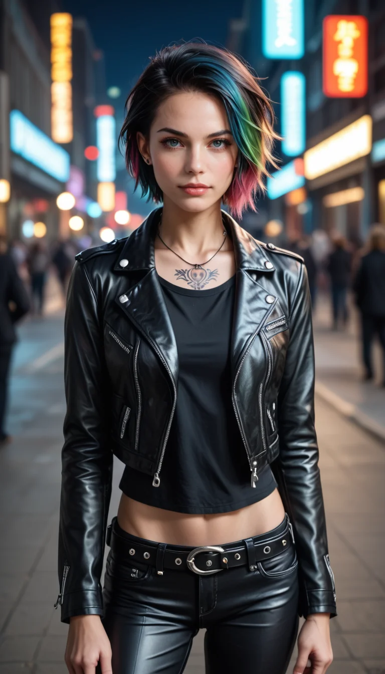 score_9, score_8_up, score_7_up, (Cowboy shoot photo), girl, cute, punk, seductive, innocent, very short hair, multicolored hair, in high detailed textured (black leather jacket), piercing, small tattoo, black leather belt, (most iconic photo), (light smile:0.3), (London night background), (depth of field), (dynamic angle), (fine textures details), (realistic:1.4), (realistic skin:1.4), (sharp), (artistic photo), (analog film grain)