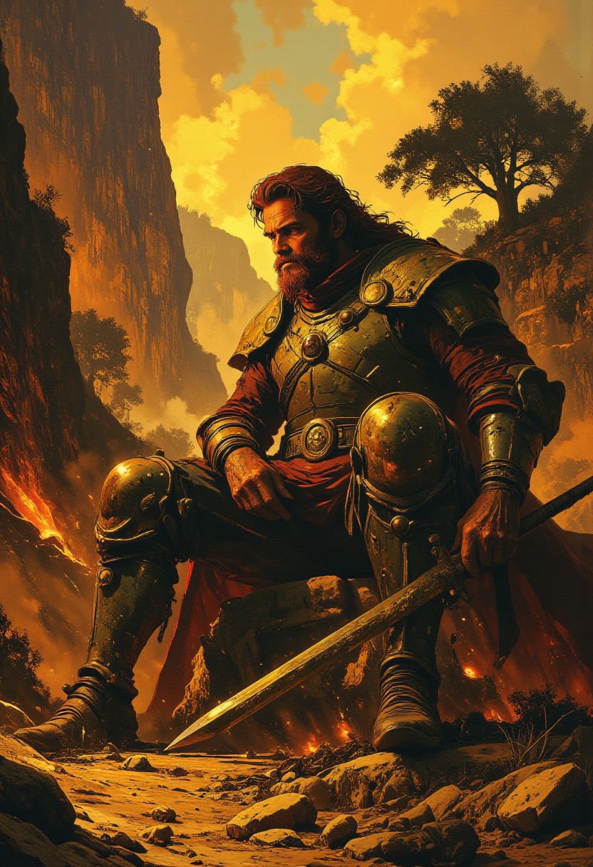 A warrior king sits on a rocky hillside, his powerful presence both strong and thoughtful. His heavy bronze armor shines in the warm light of the setting sun, with detailed engravings catching every glow. His long, wavy auburn hair and thick beard, streaked with copper, add to his wise and battle-worn look. A deep red cape flows over his shoulders, moving gently in the breeze. Across his lap rests a massive sword with a jeweled hilt, its polished brass gleaming, a symbol of his strength and rule. Behind him, golden cliffs and rugged valleys stretch into the distance, with ancient trees gripping the rocky land. Above, the sky is painted in shades of amber and violet, with clouds parting just enough to let the sun cast a final golden glow. The light highlights every detail, from his weathered armor to the rough ground beneath him. The scene captures a moment of quiet power, a king alone with his thoughts, surrounded by the vast, timeless beauty of the land he rules. Anime art, DB4RZ, DB4RZ style painting, b74_aes, R3alisticF