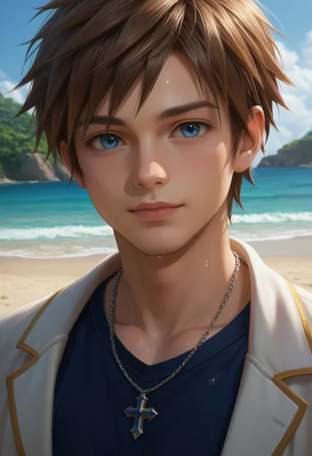 score_9, score_8_up, score_7_up, close-up, source_anime, masterpiece, newest, realistic, highly detailed, solo, 1boy, male focus, sora, brown hair, blue eyes, necklace, wet, clothes, intricate detail, upper body, outdoors, beach, slim, cowboy shot,