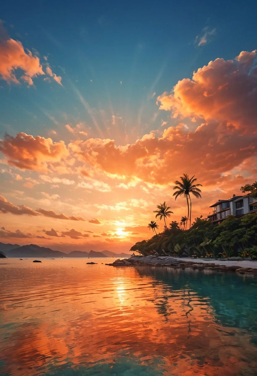 ((sea bay)), beach, palm tree, sunset, orange sky, cloud, (masterpiece),((ultra-detailed)), (highly detailed CG illustration),(expressionless), (best quality:1.2), High quality texture, intricate details, detailed texture, High quality shadow, Cinematic Light, Depth of field, light source contrast, perspective,20s, (ulzzang-6500-v1.1:0.5), <lora:epi_noiseoffset2:1>, <lora:add_detail:0.8>,