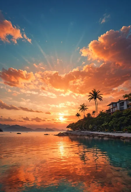 ((sea bay)), beach, palm tree, sunset, orange sky, cloud, (masterpiece),((ultra-detailed)), (highly detailed CG illustration),(expressionless), (best quality:1.2), High quality texture, intricate details, detailed texture, High quality shadow, Cinematic Light, Depth of field, light source contrast, perspective,20s, (ulzzang-6500-v1.1:0.5), <lora:epi_noiseoffset2:1>,  <lora:add_detail:0.8>,