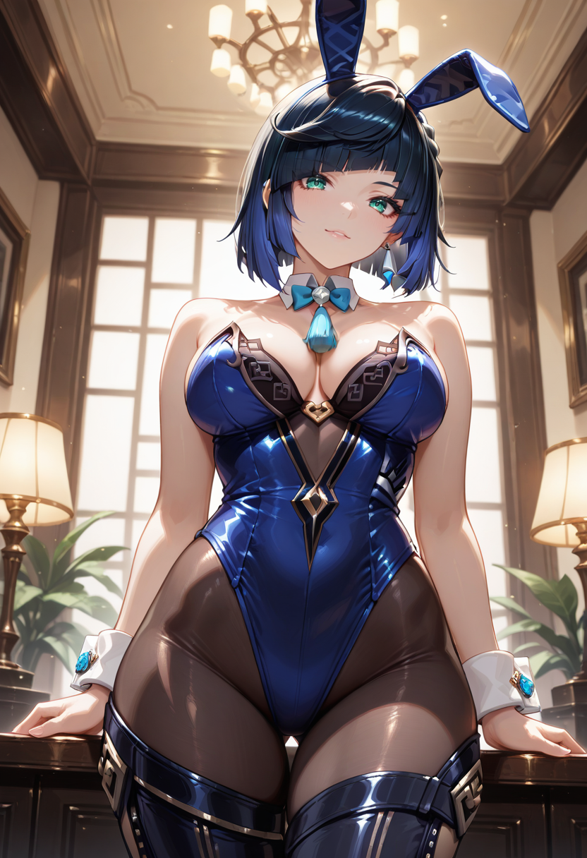 masterpiece, newest, absurdres, best quality, hires, 1girl, yelan \(genshin impact\), bunny suit, rabbit ears, fake animal ears, leotard, leggings, indoors