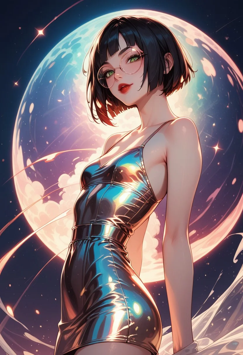 score_9, score_8_up, score_7_up, score_6_up, rating_questionable,y0mUy4k4d4sh1, 1girl, Polly, PollyRH, short hair, bobcut, black hair, bangs, green eyes, small breasts, almost flat chest, slim, pale skin, big round eyeglasses, clear eyeglasses lenses, nice round ass, red lipgloss, HD32k, dynamic pose, aesthetic, perspective, solo, detailed, sensual look, pinup pose, night, outdoor, , sensual look, pinup pose, starrynightdress, front view
