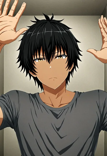 high resolution, solo, best quality, 1Boy, Seiya Kanie, black hair, short hair, thin, kabedon POV, T-Shirt, OverallDetail