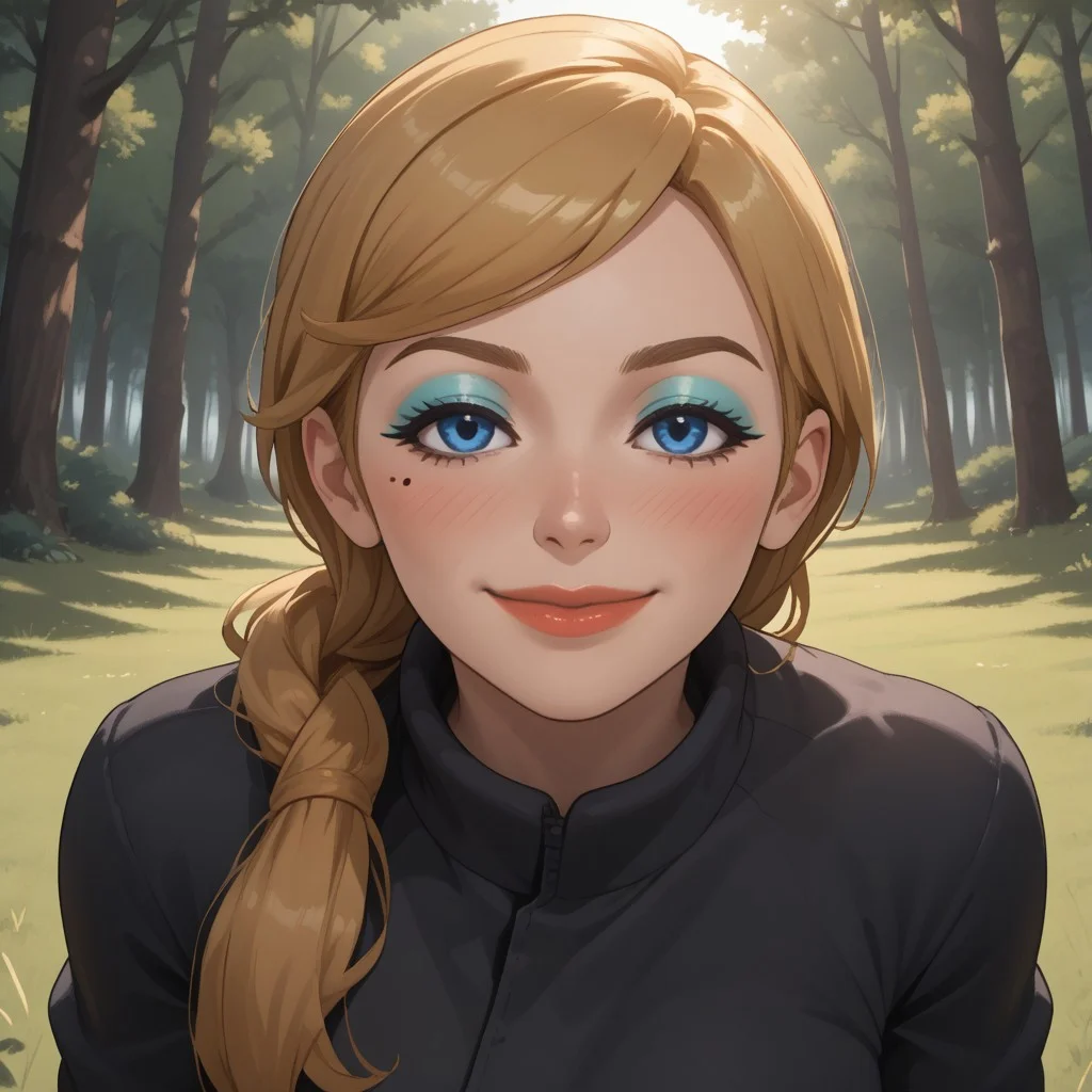 score_9, score_8, BREAK, solo, wii, mii, wii sports, 1girl, female mii, blonde hair, makeup, blush, blue eyeshadow, blue eyes, mole under eye, lips, black clothing, shoes, big breasts, white pants, Alisha_(Wii_Sports), nintendo mii, modern_mii, classic_mii, cute, sexy pose, smile, outdoors, sunlight, shadows, evening lighting, natural lighting, forest, trees, grass, orange sky, sunset