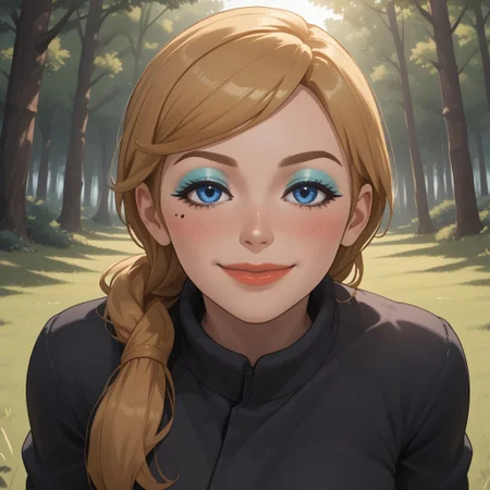 score_9, score_8, BREAK, solo, wii, mii, wii sports, 1girl, female mii, blonde hair, makeup, blush, blue eyeshadow, blue eyes, mole under eye, lips, black clothing, shoes, big breasts, white pants, Alisha_(Wii_Sports), nintendo mii, modern_mii, classic_mii, cute, sexy pose, smile, outdoors, sunlight, shadows, evening lighting, natural lighting, forest, trees, grass, orange sky, sunset