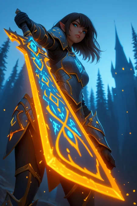 Low angle view of a female elf paladin wearing armor and wielding a orange glowing magical sword in attacking pose, fantasy background, castle and forest in background, the blade is outlined in yellow and blue glowing and had glowing symbols along the blade, runesword, masterpiece, best quality, highly detailed, sharp focus, dynamic lighting