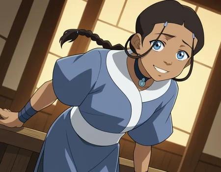 score_9, score_8_up, score_7_up, source_anime, <lora:katara-book2-ponyxl-lora-nochekaiser:1>, katara, long hair, blue eyes, brown hair, black hair, hair ornament, hairclip, braid, single braid, braided ponytail, dark skin, dark-skinned female, choker, short sleeves, robe, blue robe, sash,, indoors, bent over, smile, looking at viewer, solo, cowboy shot, dutch angle