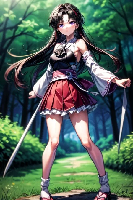 masterpiece, best quality 1girl Setsun4 solo long hair, (night time) forest background black hair very long hair purple eyes multicolored hair armor (fur trim) (medium body),<lora:EMS-179-EMS:0.800000>,<lora:EMS-293862-EMS:0.800000>ascot, bare shoulders, black footwear, detached sleeves, embellished costume, frills, japanese clothes, nontraditional miko, red skirt, sandals, sarashi, skirt, socks, armor, miko