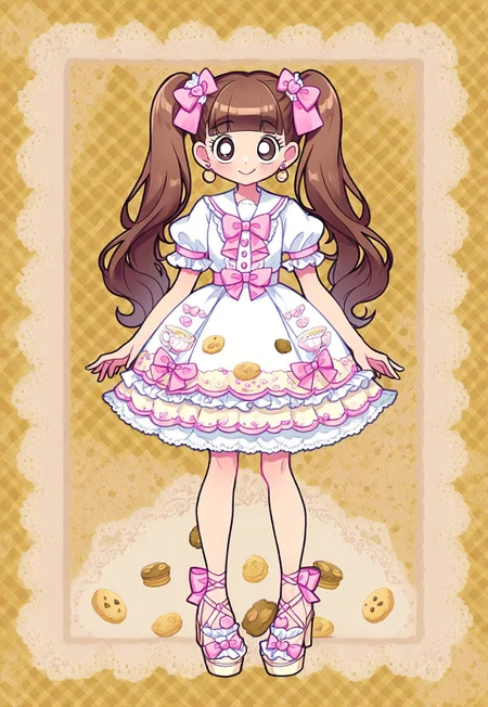 (fullbody, standing, front facing, facing viewer) 1girl, twintails, long hair, brown hair, blunt bangs, big eyes, smile, light blush, pastel theme, cute, blue and white dress, lolita_dress, biscuit print, cookie print, printed skirt, scalloped trim, decorative buttons, big buttons, sailor collar, white collar, short sleeves, puffed sleeves, pink waist ribbon, bow belt, lace hem, white lace, short skirt, frilly skirt, knee-length dress, sweet_lolita, pastel blue, pastel pink, pastel yellow, small earrings, earrings, teal shoes, bow shoes, open-toe sandals, (detailed background, detailed scenery : 1.2), tea party theme, oversized teacups, yellow gingham background, biscuit wallpaper, pink bow motif, standing on doily, tea set