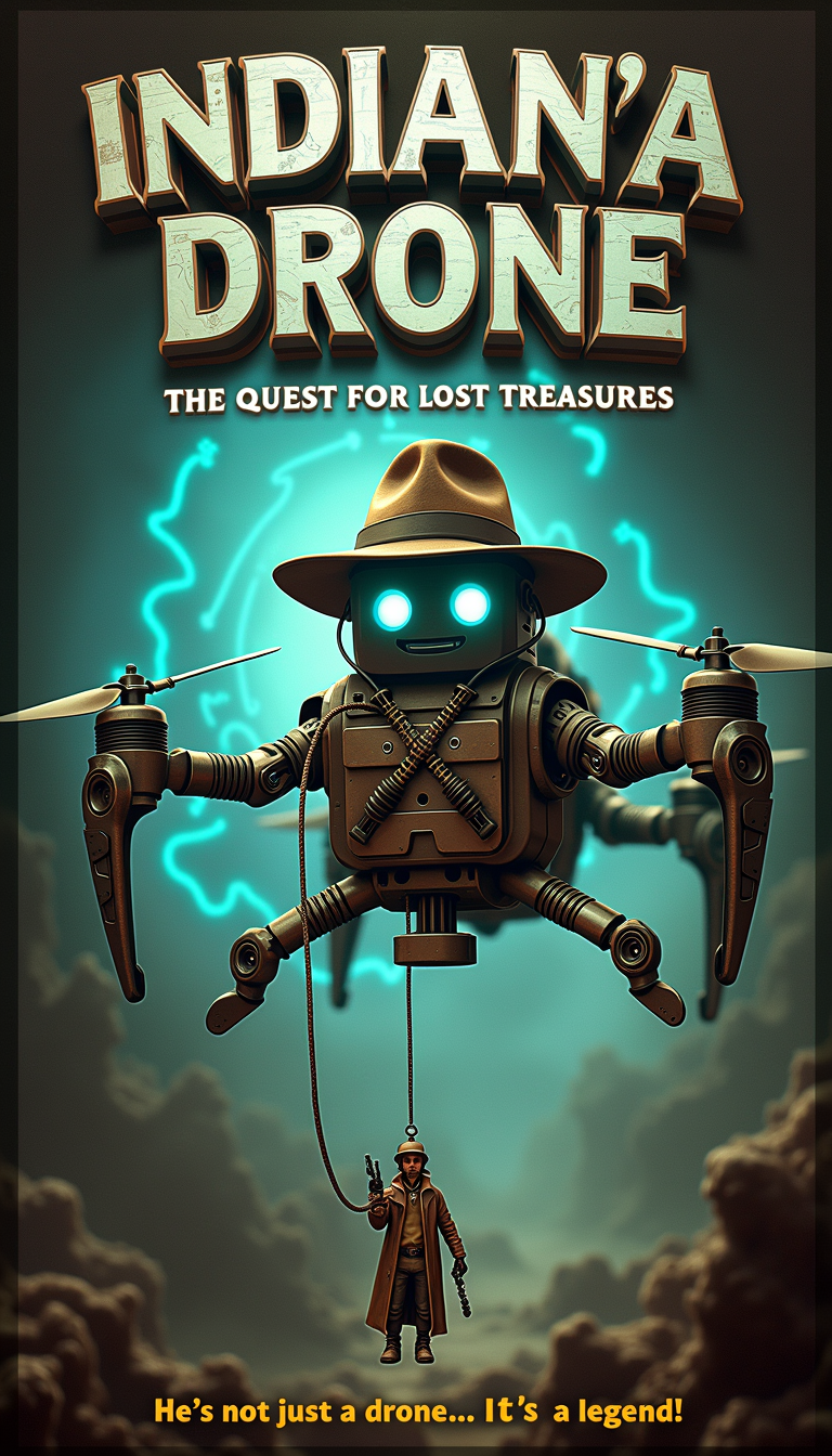 A parody movie poster with the printed title: **"Indiana Drone:** The Quest for Lost Treasures"**
In this Adventure genre parody of the classic Indiana Jones franchise, our hero, Indiana Drone (played by a rugged, drone-like robot with a fedora and whip) embarks on a thrilling journey to find lost treasures. The movie poster features a gritty, industrial aesthetic with a metallic sheen, showcasing Indiana Drone soaring through the air with a glowing, holographic treasure map in the background.
At the top of the poster, the title "Indiana Drone" is emblazoned in bold, silver letters, with a subtle, glowing circuit board pattern. The subtitle "The Quest for Lost Treasures" is displayed in a sleek, futuristic font, with a hint of neon green.
The bottom of the poster features a tagline in a playful, robotic font: "He's not just a drone... he's a legend!"
The funny part of the poster is a small, humorous detail: a tiny, cartoonish avatar of Indiana Drone's human companion, dressed in an adventurer's outfit and frantically holding onto a tether, dangling from Indiana Drone's undercarriage.
The overall tone of the poster is a mix of the classic Indiana Jones adventure and a lighthearted, modern twist, perfectly capturing the spirit of this exciting parody.