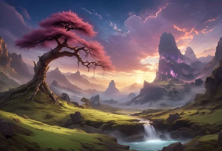 Oil painting, large body of ((crystal clear water)) in the center of the image, ((deep water)), ((in the foreground on the left side of the image there is a huge ancient bonsai tree covered in green moss)), on the right side of the foreground there are rocky cliffs covered in tall green grass, the sky is bright blue with white puffy clouds, you can see large low opacity planets in the distance in the sky, in the center background of the image there is a tall imposing mountain reaching up to the clouds, on the land there are ominous ancient circle structures covered in moss, sunset, pink, purple, blue, yellow
