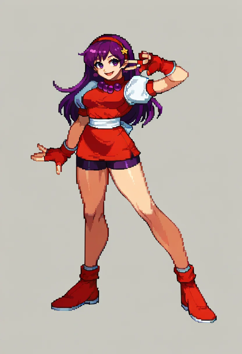 score_9, , score_7_up, BREAK, solo, 1girl, smile, looking at viewer, <lora:CPS2-pdxl_Fp:1>, simple background, full body, pixel art, <lora:AthenaKOF98:0.8>, Athnea98, purple hair, long hair, red hairband, beads, red vest, white puffy sleeves, biker shorts, fingerless gloves, v