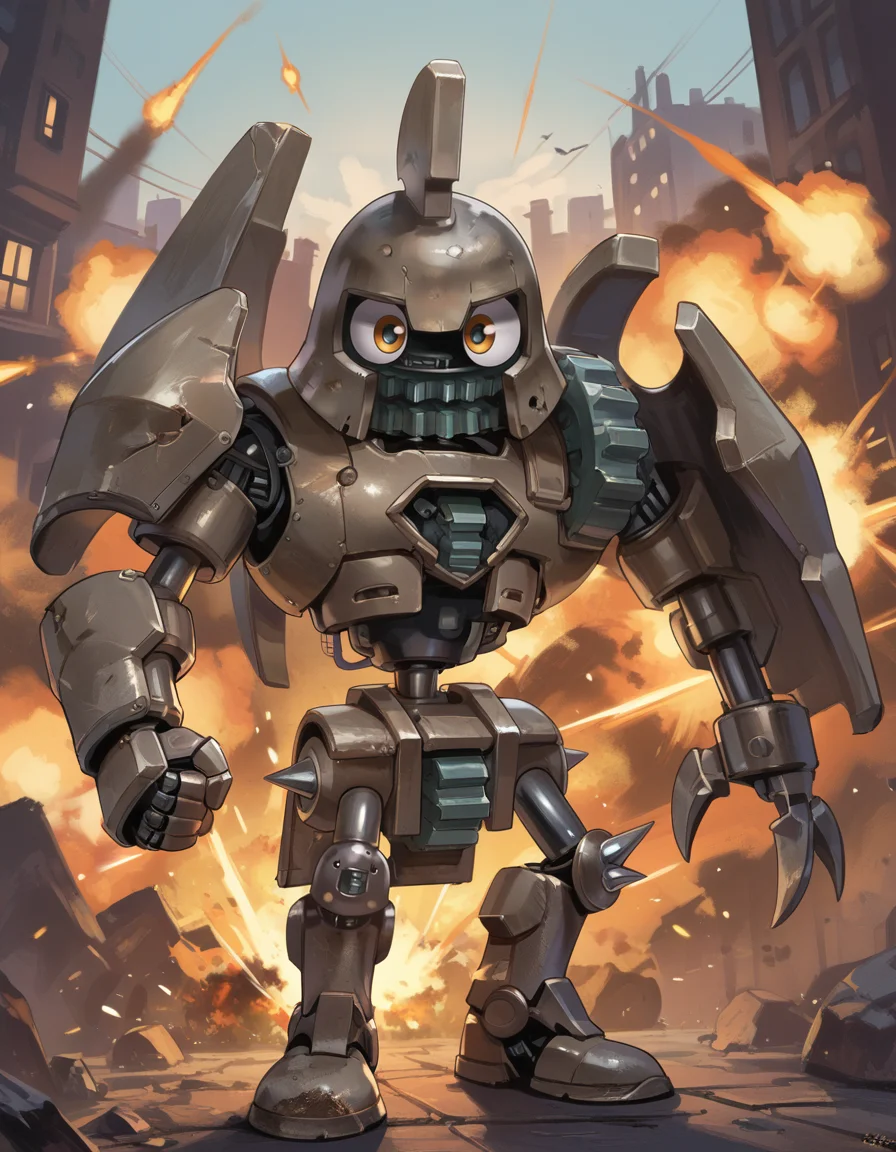 (score_9:0.9),score_8_up,score_7_up,rating_safe,(zPDXL3),(zPDXL),
<lora:Ancient gear golem ponyXL v1:0.75>,
ancient gear golem,no humans,robot,solo,orange eyes,chibi,standing,spikes,science fiction,looking at viewer,full body,open mouth,clenched hand,looking at viewer,arm up,gear,city,explosion,