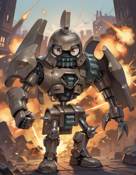(score_9:0.9),score_8_up,score_7_up,rating_safe,(zPDXL3),(zPDXL),
<lora:Ancient gear golem ponyXL v1:0.75>,
ancient gear golem,no humans,robot,solo,orange eyes,chibi,standing,spikes,science fiction,looking at viewer,full body,open mouth,clenched hand,looking at viewer,arm up,gear,city,explosion,