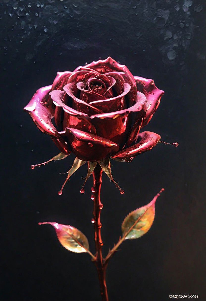 (Impressionism: 1.5), (abstract acrylic painting), macro photo, sparkling magical fantasy glass rose dewdrop, very detailed, amazing quality, intricate, cinematic light, highly detail, beautiful, surreal, dramatic, galaxy fantasy colors, realism, modern art, abstraction, absurdity, acrylic painting on canvas, (silhouette in strokes: 1.6)
