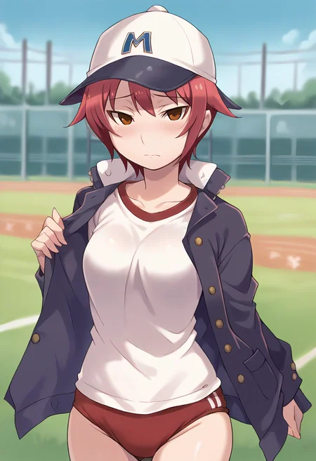 score_9, score_8_up, score_7_up, masterpiece, source_anime, 1girl, ct ak1ra, pink hair, short hair, brown eyes, collarbone, jacket, long sleeves, gym shirt, red buruma, white baseball cap, looking at viewer, trackfield, depth of field, blush, cowboy shot,<lora:Akira_K_ver3_Pony_ct:0.9>