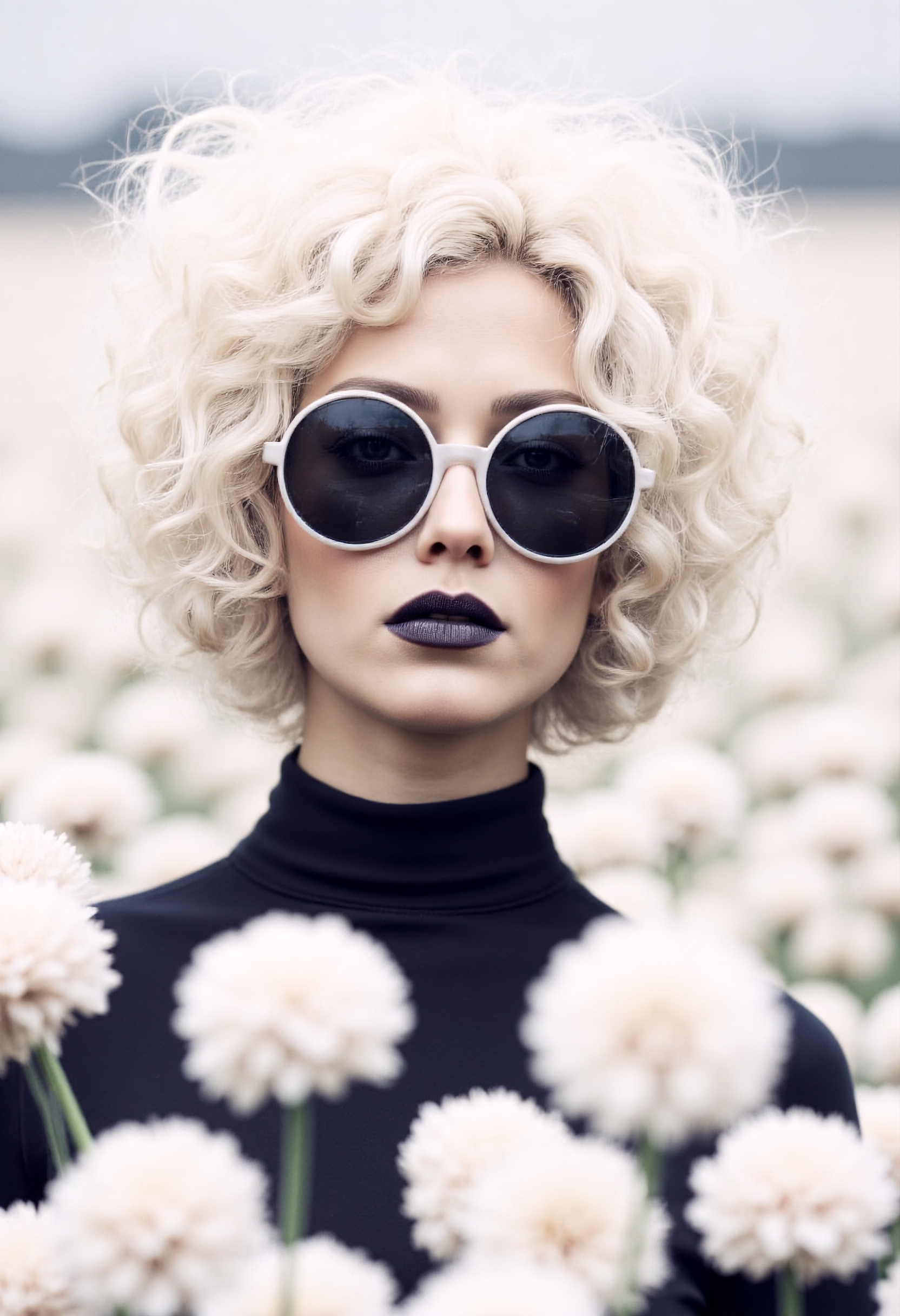 A surreal high-fashion portrait of a striking woman with voluminous platinum-white curly hair, wearing oversized round black sunglasses with a white frame. Her lips are painted a glossy, deep black, contrasting with her flawless pale skin. She is dressed in a sleek, high-collared black outfit, exuding elegance and mystery. The background consists of an ethereal field of soft white flowers, slightly blurred, creating a dreamlike and avant-garde atmosphere. The color palette is monochromatic, with a balance of dark and light tones. High contrast lighting with a soft glow enhances the contours of her face and textures of her outfit. The composition is cinematic, focusing on her intense, enigmatic expression. Ultra-detailed, hyperrealistic, fashion photography style, with a slight editorial aesthetic. Depth of field, film grain, and subtle bokeh effects enhance the artistic impact. aidmarealisticskin <lora:aidmaRealisticSkin:0.8>, aidmaimageupgrader <lora:aidmaImageUpraderv0.3:0.7>, Cyan themed color, Green themed color, Orange themed color, Neutral themed White color, Yellow themed color <lora:film cinematic dramatic color style v2.1:0.6>