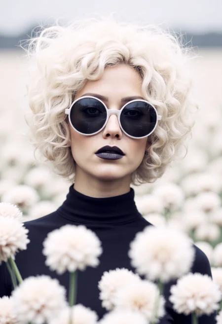A surreal high-fashion portrait of a striking woman with voluminous platinum-white curly hair, wearing oversized round black sunglasses with a white frame. Her lips are painted a glossy, deep black, contrasting with her flawless pale skin. She is dressed in a sleek, high-collared black outfit, exuding elegance and mystery. The background consists of an ethereal field of soft white flowers, slightly blurred, creating a dreamlike and avant-garde atmosphere. The color palette is monochromatic, with a balance of dark and light tones. High contrast lighting with a soft glow enhances the contours of her face and textures of her outfit. The composition is cinematic, focusing on her intense, enigmatic expression. Ultra-detailed, hyperrealistic, fashion photography style, with a slight editorial aesthetic. Depth of field, film grain, and subtle bokeh effects enhance the artistic impact. aidmarealisticskin <lora:aidmaRealisticSkin:0.8>, aidmaimageupgrader <lora:aidmaImageUpraderv0.3:0.7>, Cyan themed color, Green themed color, Orange themed color, Neutral themed White color, Yellow themed color <lora:film cinematic dramatic color style v2.1:0.6>