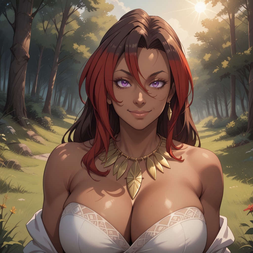 score_9, score_8, BREAK, solo, Sylvia, dark-skinned female, multicolored hair, brown hair, red hair, purple eyes, necklace, huge breasts, dark skin, dark skin female, adult female, mature female, sexy pose, self portrait, smile, outdoors, sunlight, shadows, evening lighting, natural lighting, forest, trees, grass, orange sky, sunset