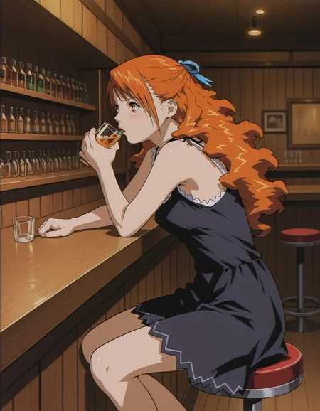 <lora:momomi-illustrious-000020:1> momomi, hair ribbon, sleeveless dress
1girl, solo, bar, counter, stool, shot glass, drinking, masterpiece, best quality