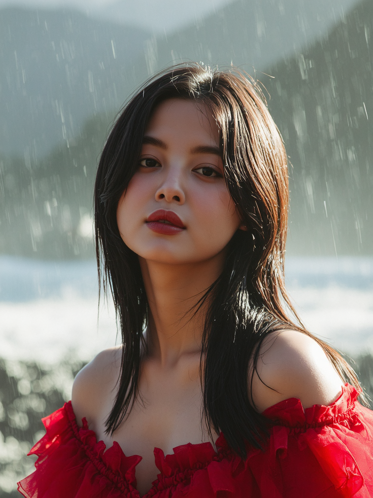There are wonderful studio lights and various reflections,her thin face is very delicate,
18yo beautiful cute girl with blushing and female orgasm.skin naturally showing the texture of blood vessels and detailed pale skin,looking at viewer,
sfw,full body,--,
--,<lora:Xin_Zhilei_f1_rank2_bf16:1>,she is Hsu Chi,
--,This is a surreal Gothic style art photo. She is wearing a red off-shoulder tulle dress. The wind is blowing,and her long hair is fluttering in the wind. It is sunny and rainy,and the heavy rain wets her beautiful face. The background is huge waves and the Tyndall light shining through the clouds.,