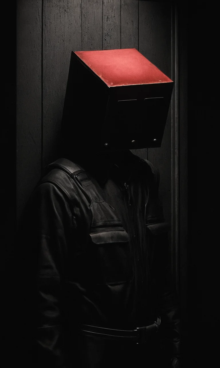 man, door, dark, box head, huleebstyle, helmet, dark, monochrome, red light, simple, <lora:HuleebStyle_v1:0.85>
