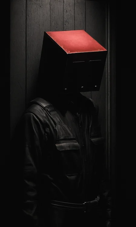 man, door, dark, box head, huleebstyle, helmet, dark, monochrome, red light, simple, <lora:HuleebStyle_v1:0.85>